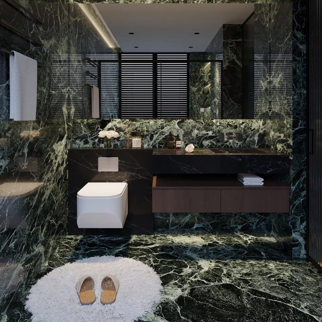 Green Verde Alpi Marble bathroom wall and flooring application