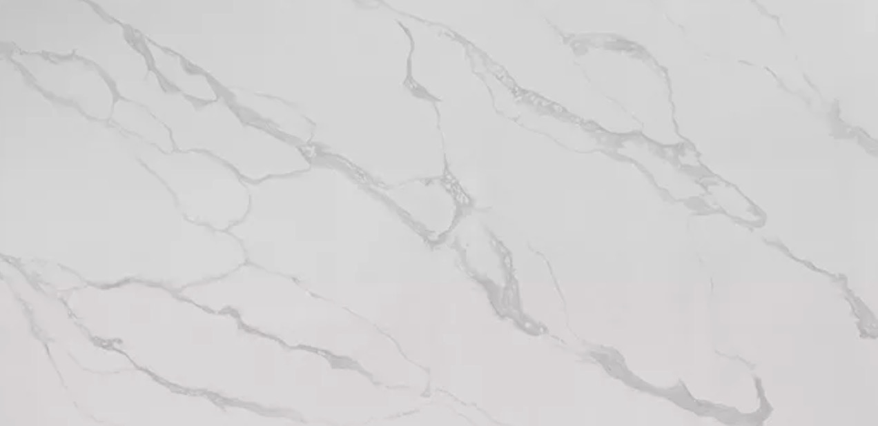 Calacatta white marble look quartz slab with crisp white background and grey veining