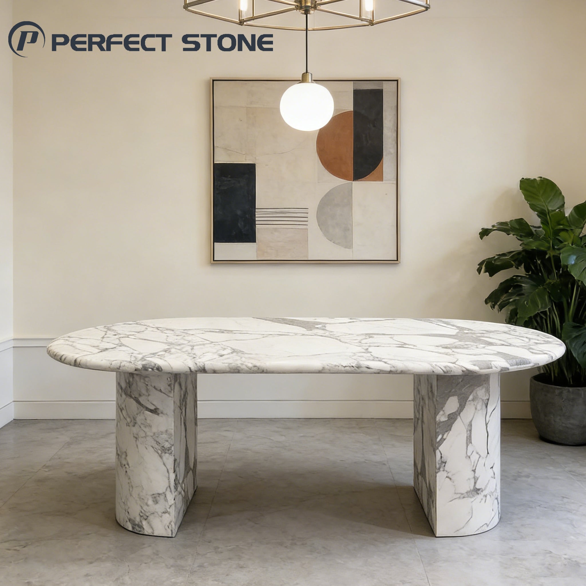 PerfectStone Arabescato White Luxury Oval Marble Dining Table  for High-End Residential Projects and Modern Natural Stone Dining Room Furniture