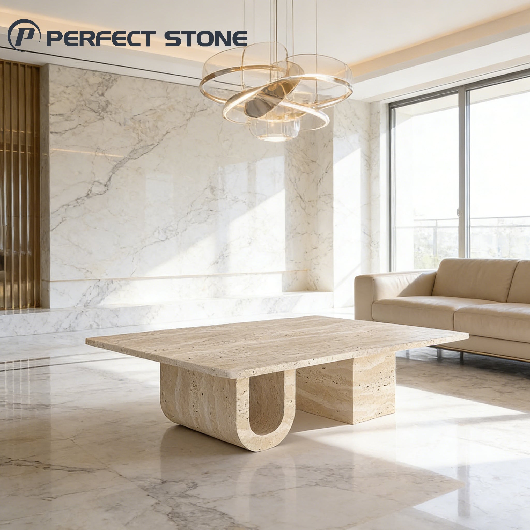 Customized Luxury Stone Furniture Beige Travertine Coffee Table For Sale