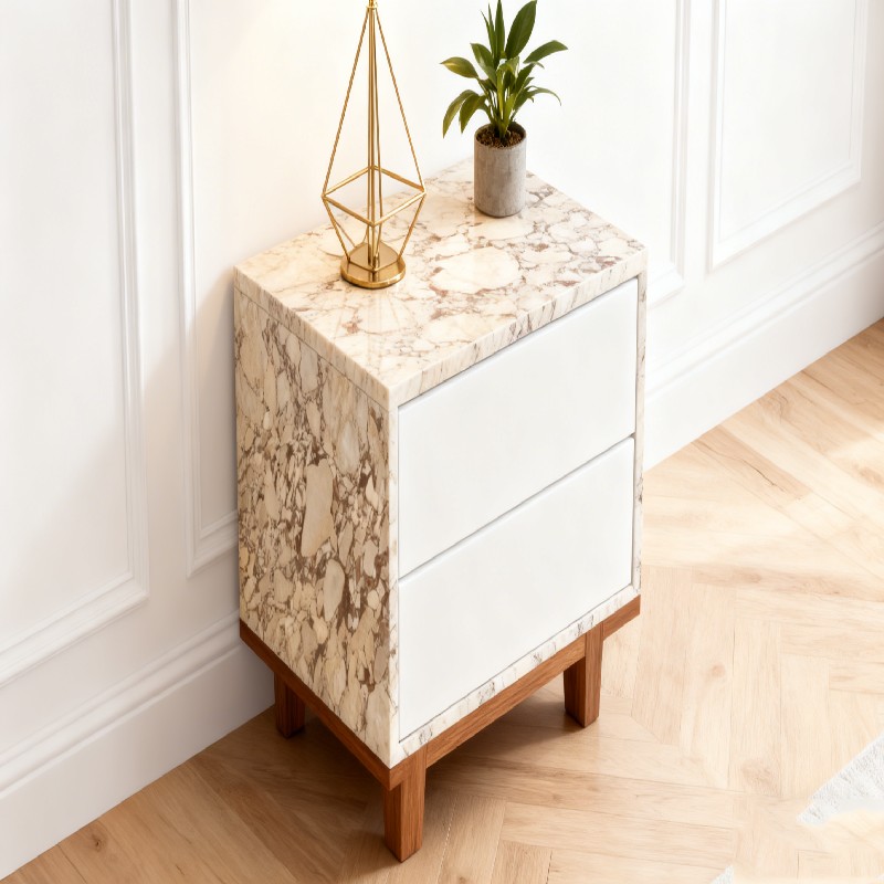 Polished Calacatta Viola marble surface for custom bedside table