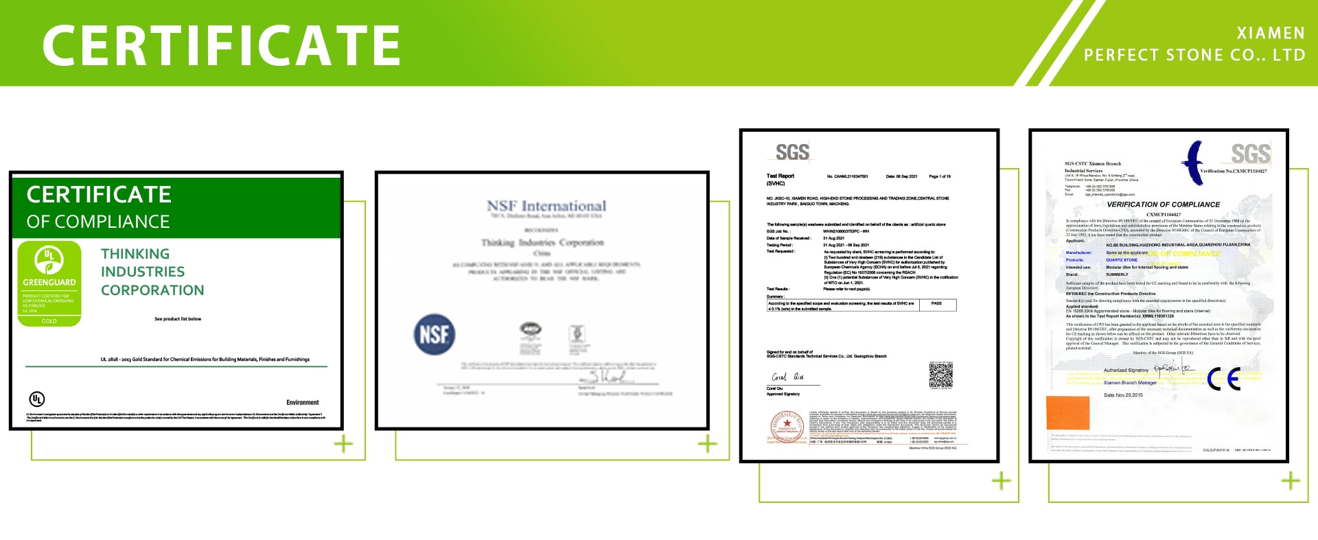 Quartz stone certificate and quality document from Perfect Stone