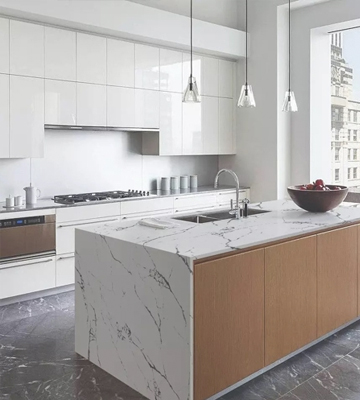 White Calacatta quartz countertop design for modern kitchen project