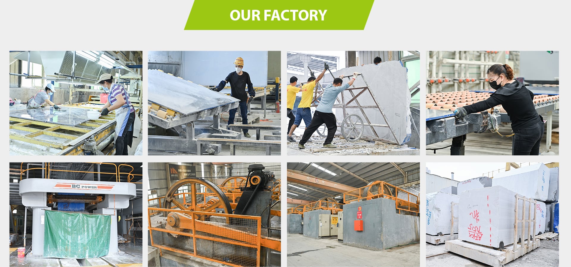 Stone factory processing area for Calacatta White Marble slabs and countertops