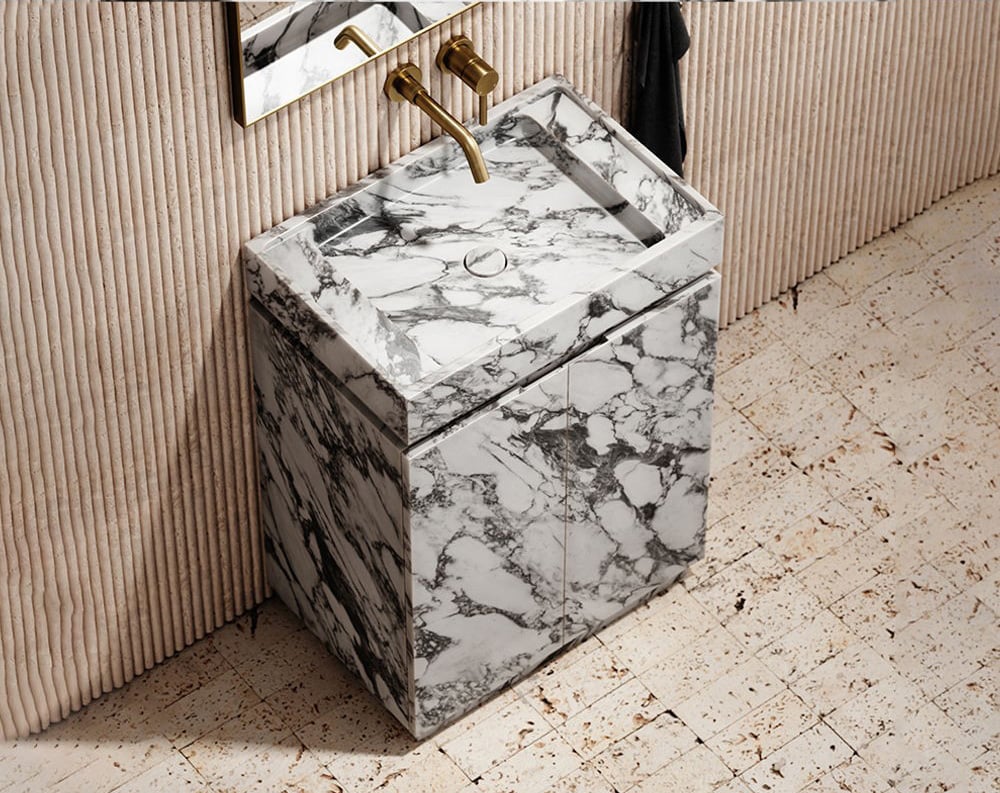 Grey marble vanity top with Arabescato white and grey veining