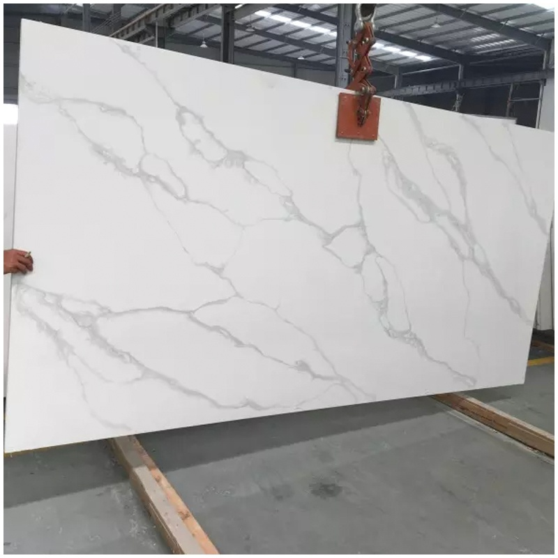 Calacatta white quartz jumbo slab warehouse stock for countertop projects
