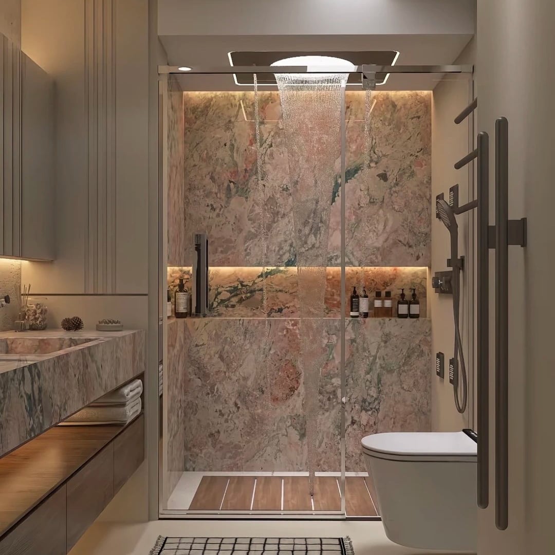 Custom Four Season Pink Quartzite bathroom wall cladding application