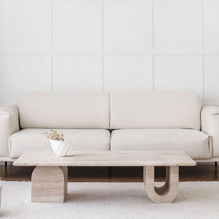 White and beige travertine stone coffee table for living room lounge