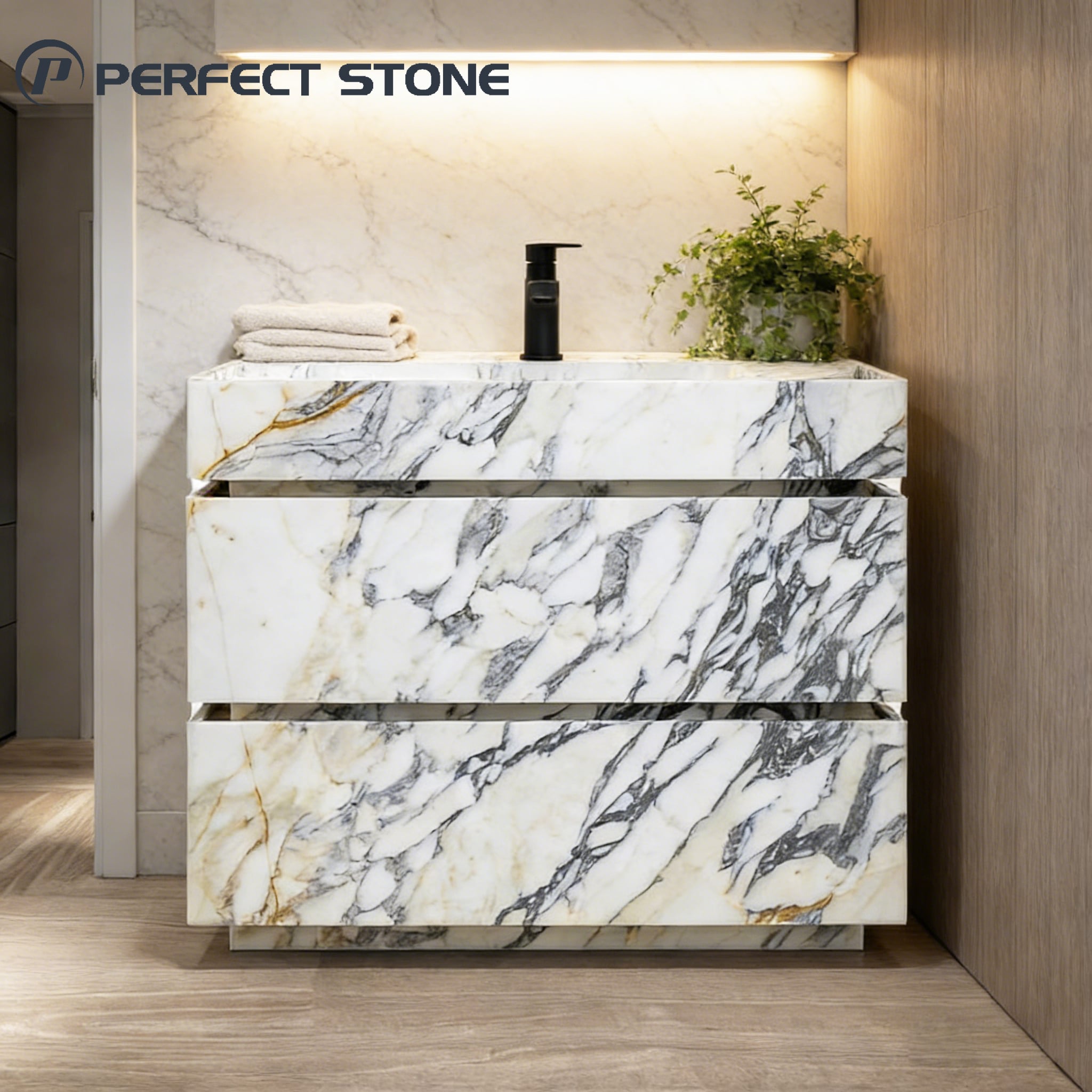 Perfectstone Kalakatta Viola marmora integrētā izlietne augstas klases iekšējo projektu vajadzībām
