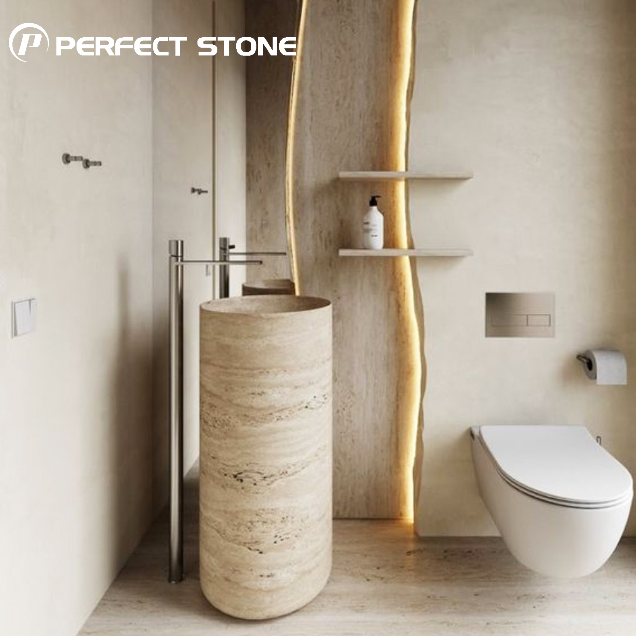 PerfectStone Modern Beige Travertine Stone Freestanding Sink for Luxury Villa Hotel Bathroom