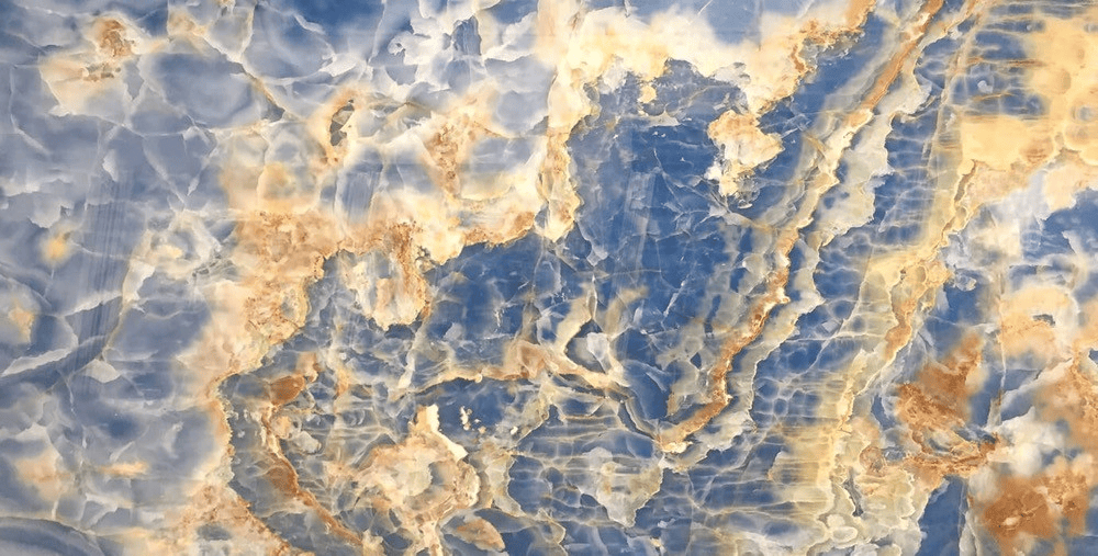 Blue Onyx Marble Slab with blue background and golden natural veining