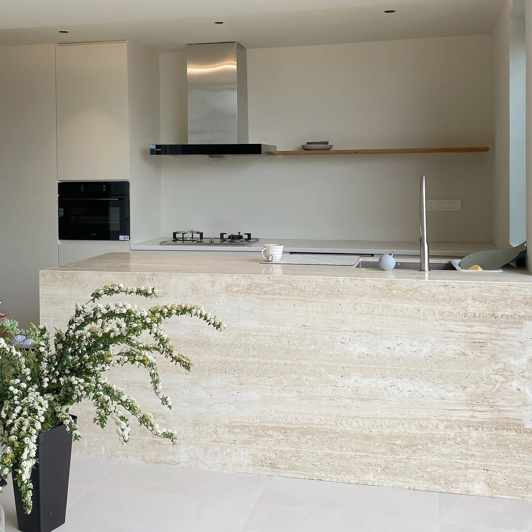 Italian Super White Travertine island and kitchen countertop application