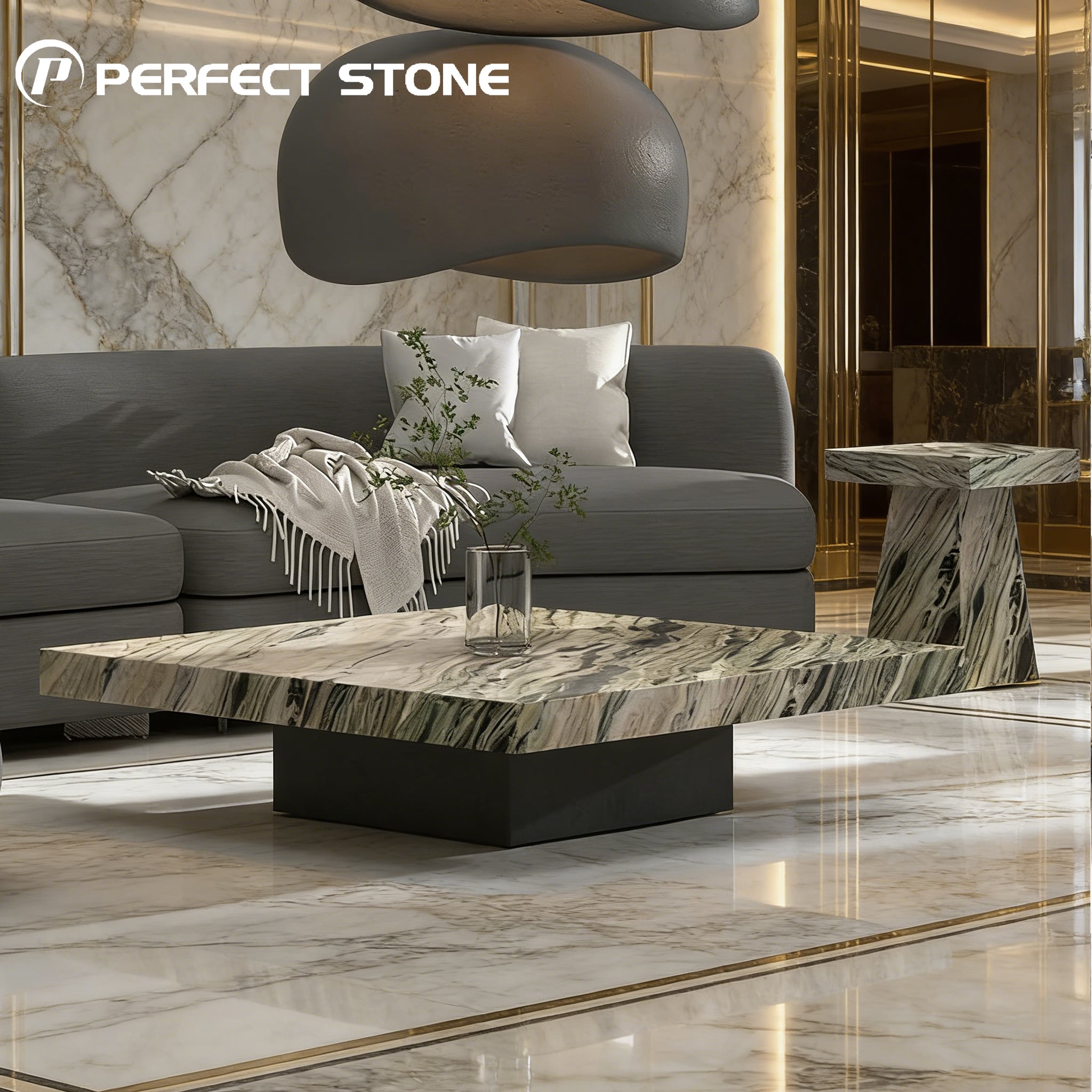 Prețul cu amănuntul PerfectStone pentru masă de cafea din marmură jade înnorată, pentru proiecte de construcții hoteliere și pentru mobilier de baie