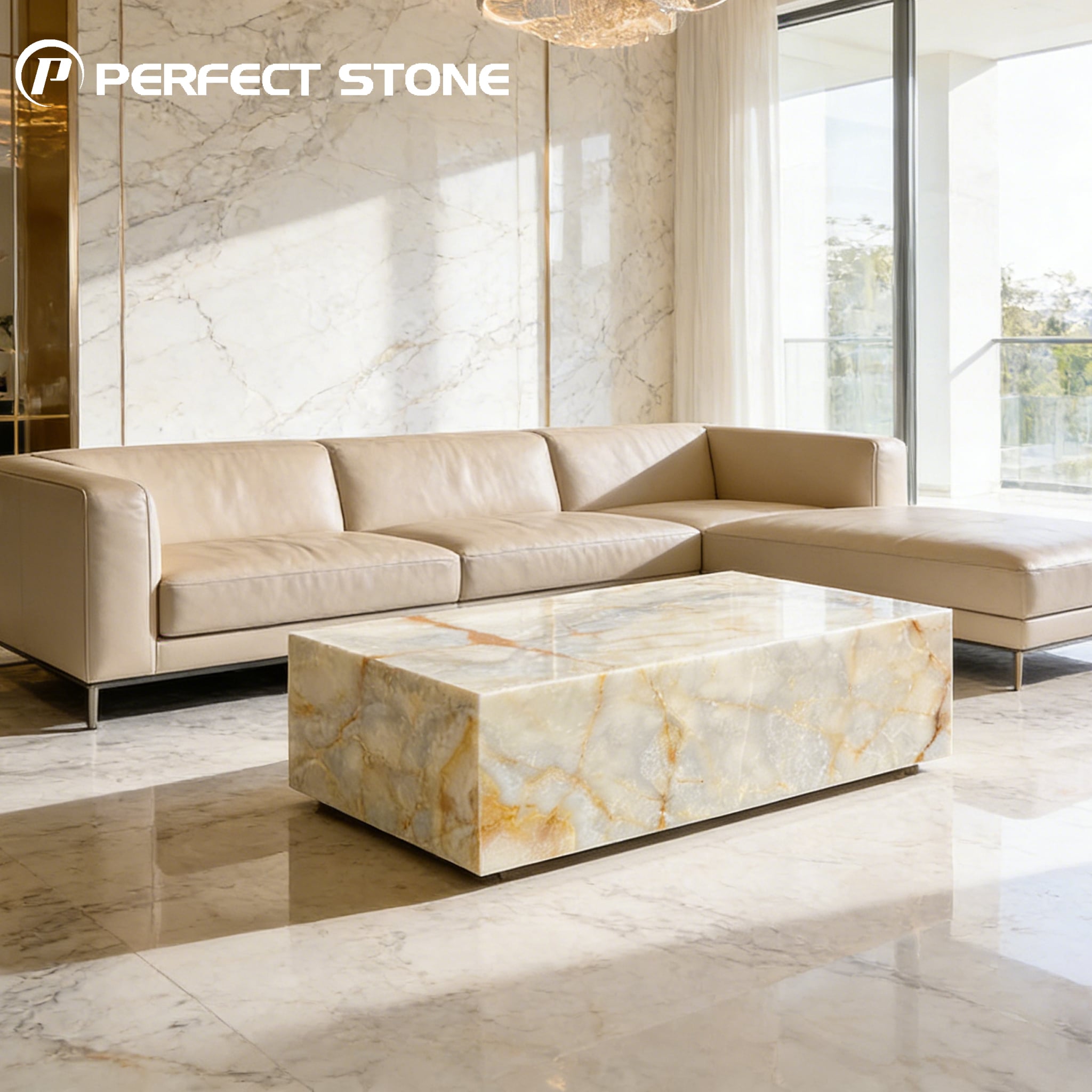 طاولة قهوة دولية فاخرة من الحجر المربّع من علامة PerfectStonel للرخام، لغرف المعيشة الفاخرة العصرية