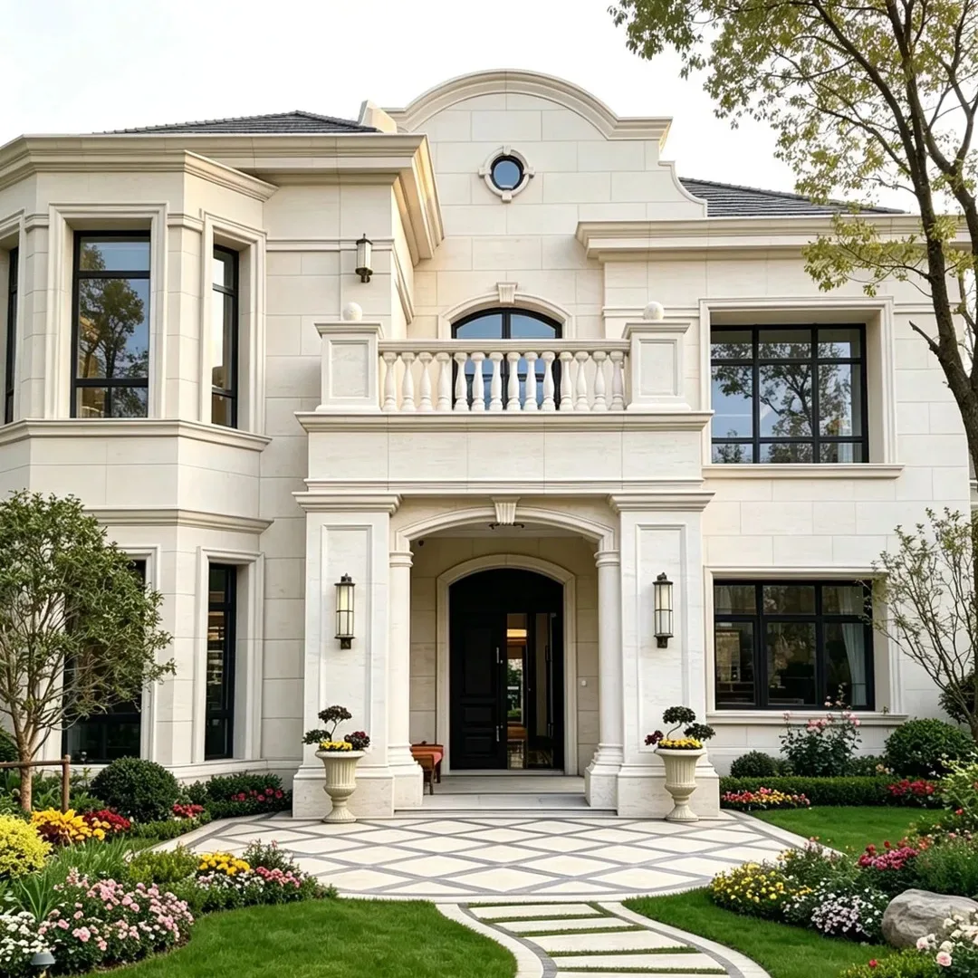 Natural limestone facade panels on a contemporary architectural building