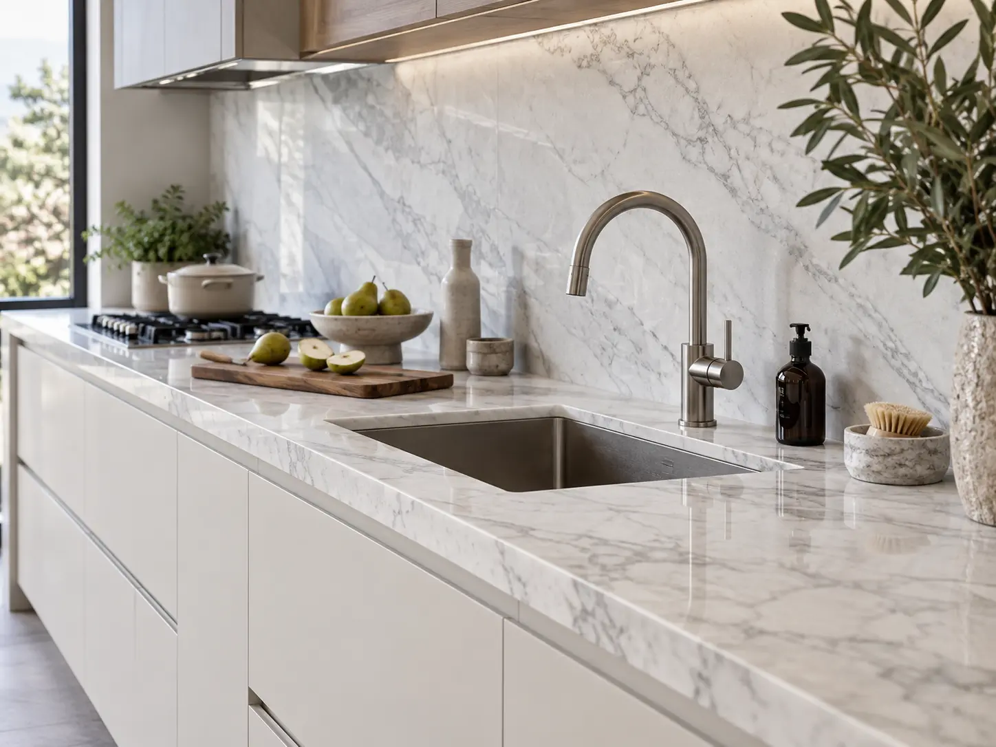 super white dolomite kitchen benchtop sink detail.webp