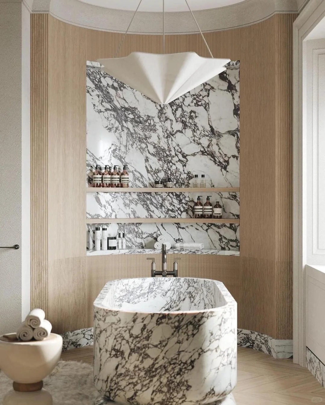 Calacatta Viola Marble bathtub surround for luxury bathroom design