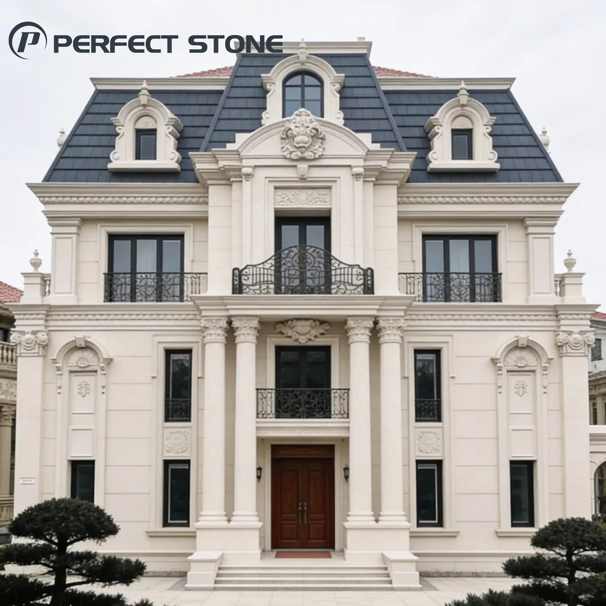 Natural limestone facade cladding on a luxury residential building