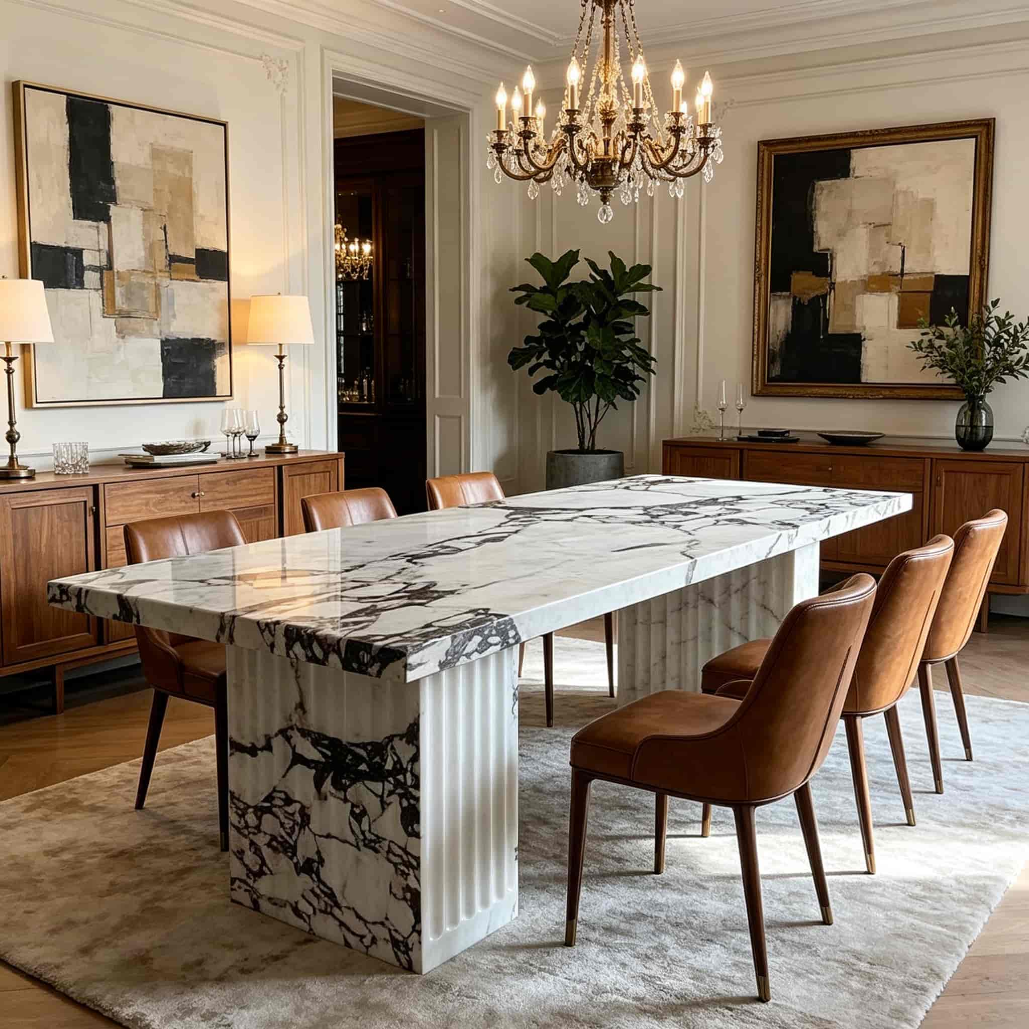 Viola Calacatta marble dining table with purple veining and light base
