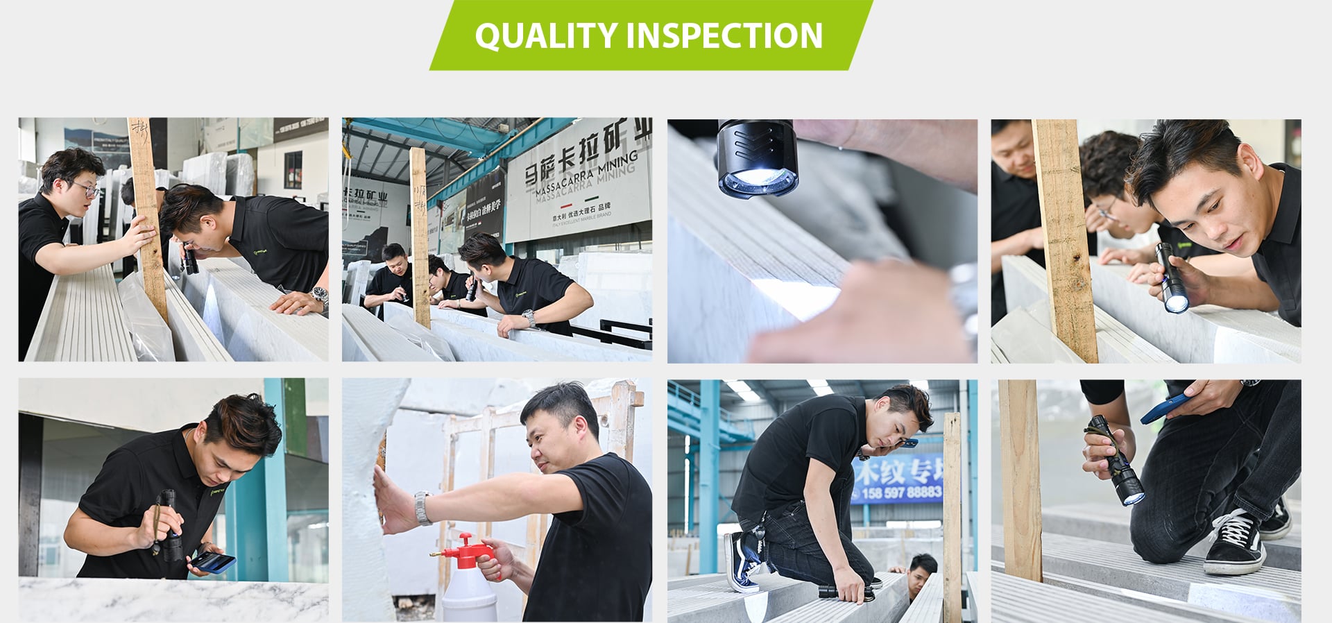 Natural stone factory inspection and processing capability for white marble slabs
