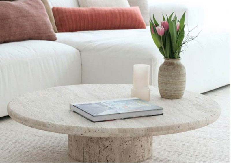 Beige travertine coffee table for hotel lobby and commercial interiors