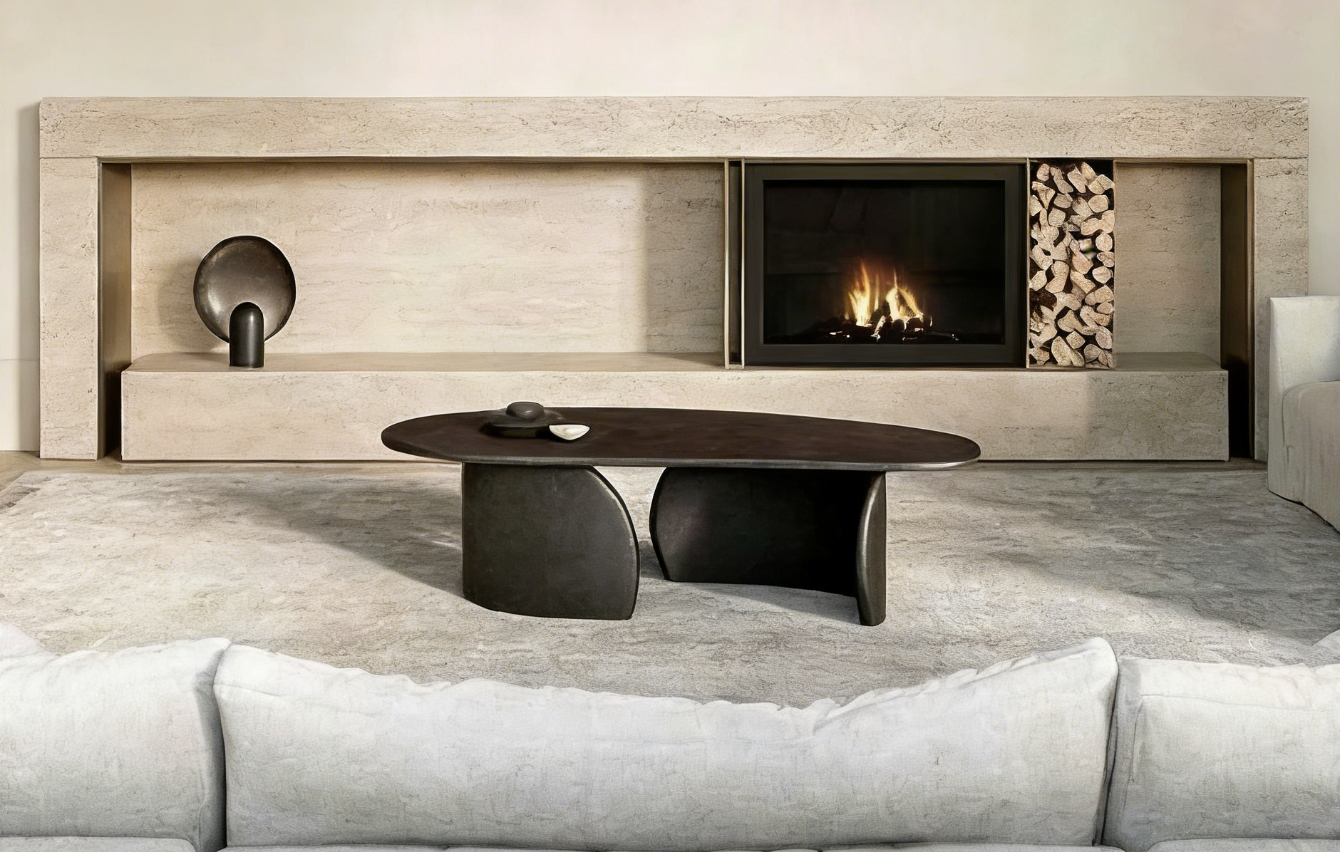 Natural travertine fireplace surround for warm luxury interior