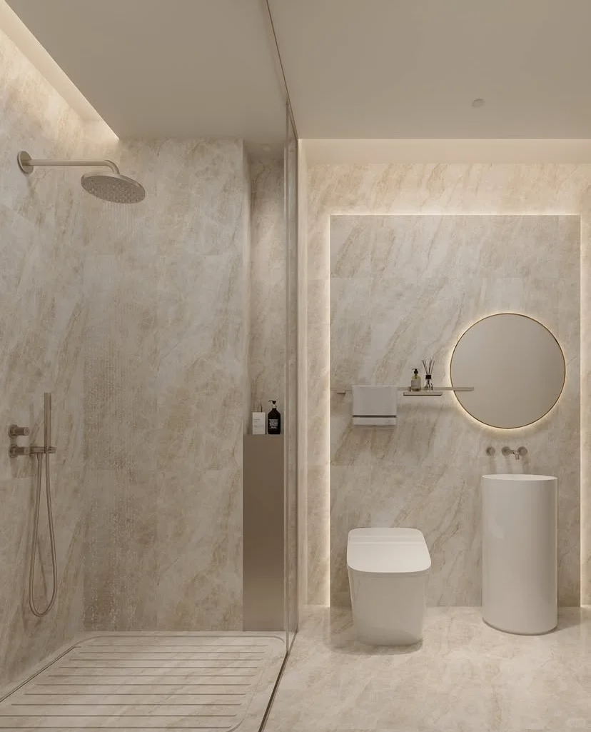 Taj Mahal Quartzite bathroom vanity and wall application