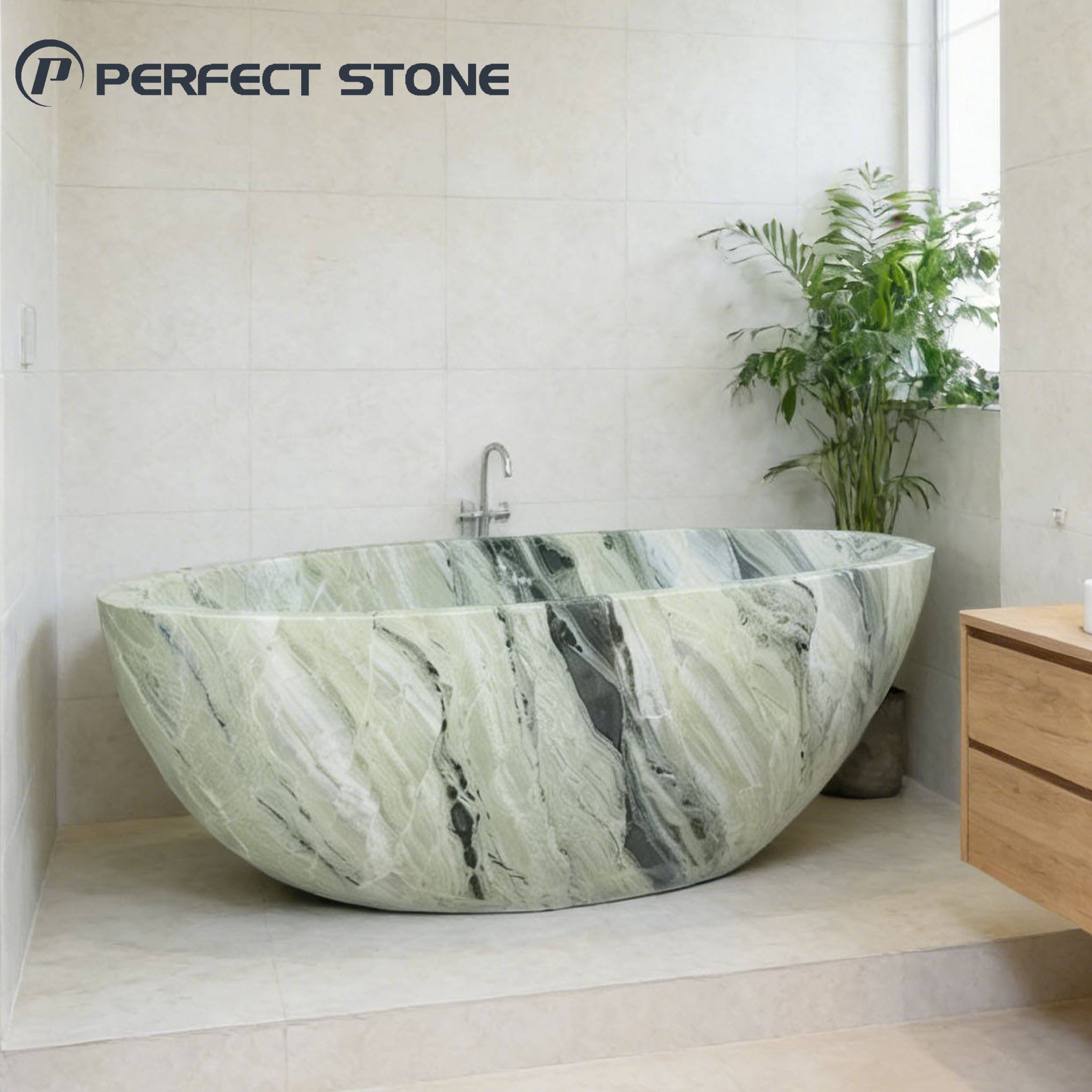 PerfectStone 100% Natural Custom Shangri La Jade Green Marble Bath Tub for Villa Hotel Project