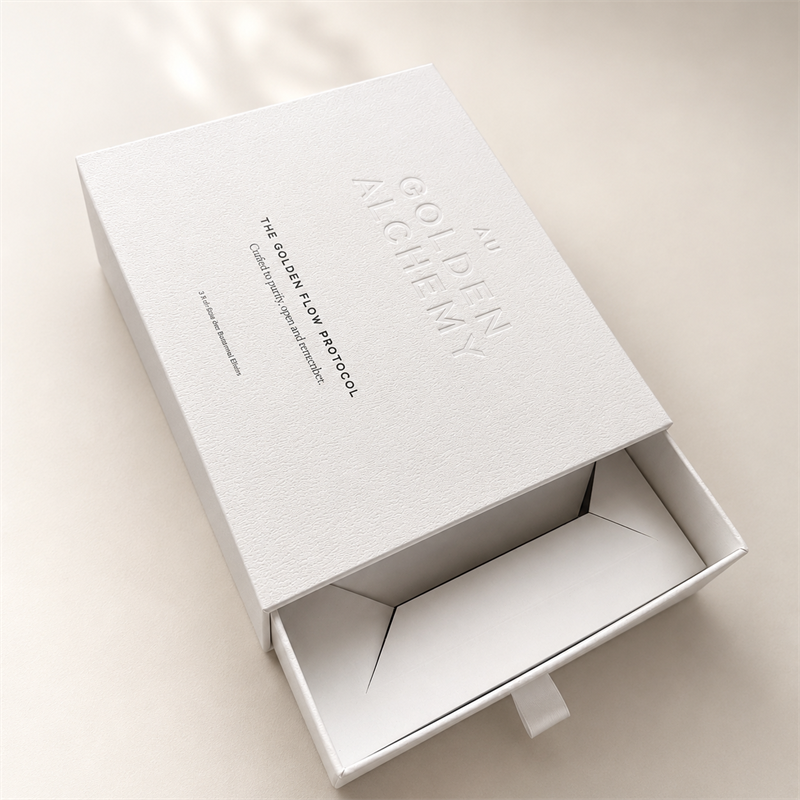 Custom Textured Drawer Box with Paper Insert and Ribbon Pull
