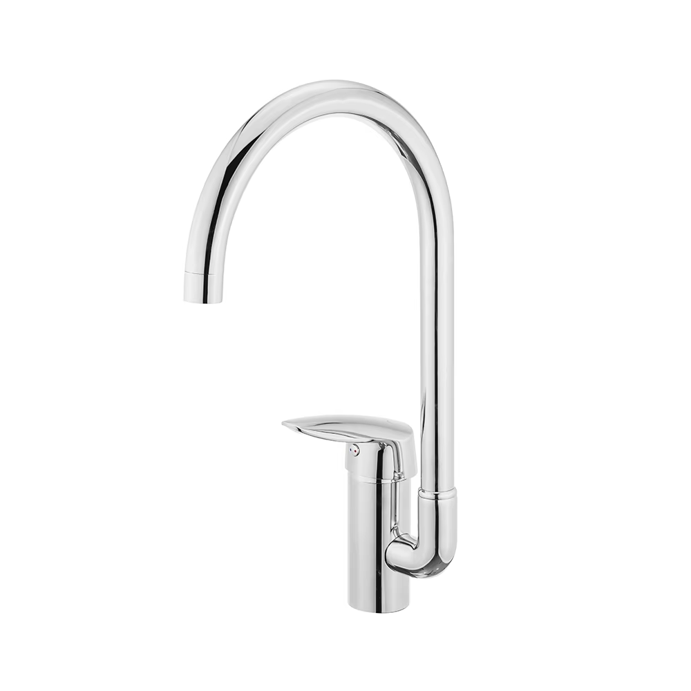 High Quality High Neck Hot Cold Deck Mounted Brass Single Hole Polish Chrome Kitchen Faucet