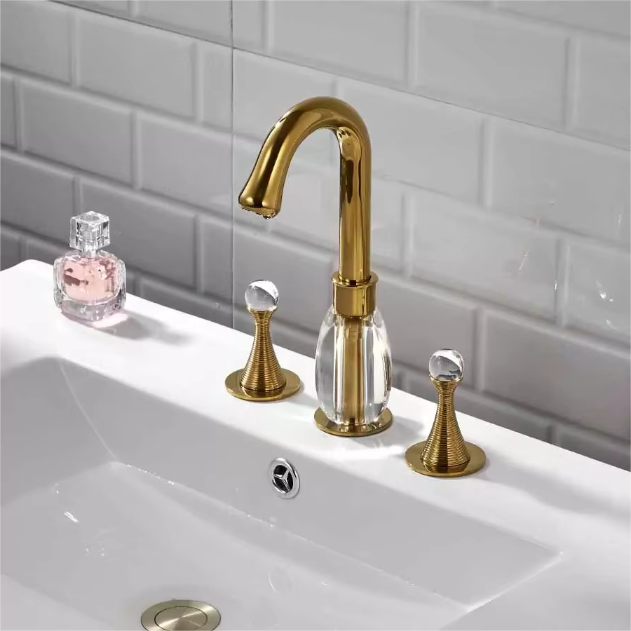 Luxury Double Crystal Handle Golden Basin Faucet Ceramic Spool Basin Faucet 3 Holes Basin Faucet