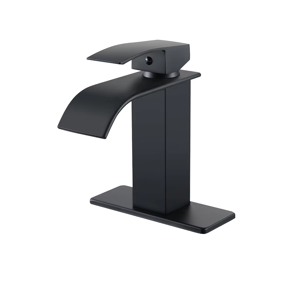Luxury bathroom square brass waterfall black basin faucet for hotel family bathroom