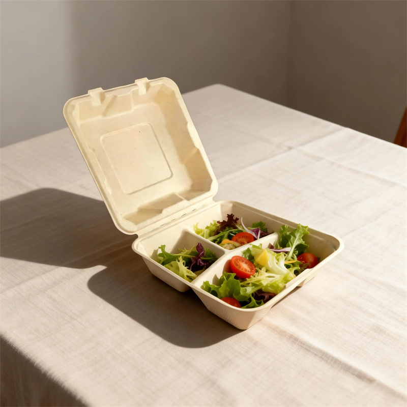 Eco-friendly Molded Pulp 3-Compartment Clamshell Lunch Box