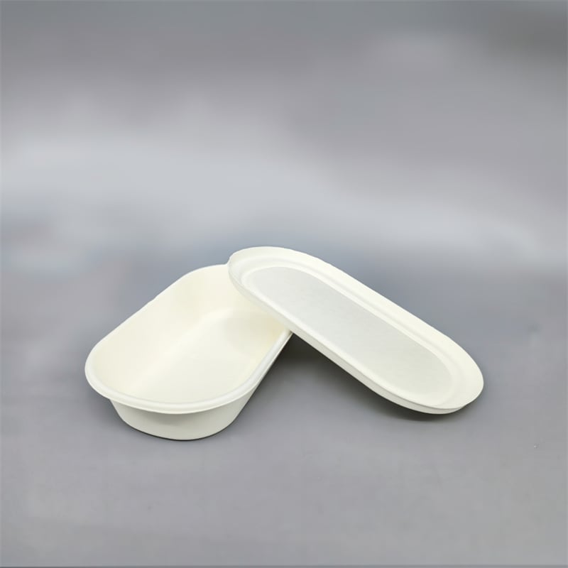 WET-PRESSED MOLDED FIBER RECTANGULAR OVAL-EDGE FOOD CONTAINER & LID SET