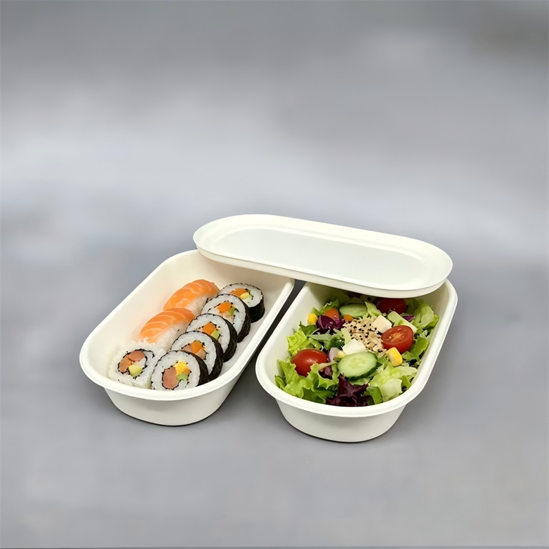 WET-PRESSED MOLDED FIBER RECTANGULAR OVAL-EDGE FOOD CONTAINER & LID SET