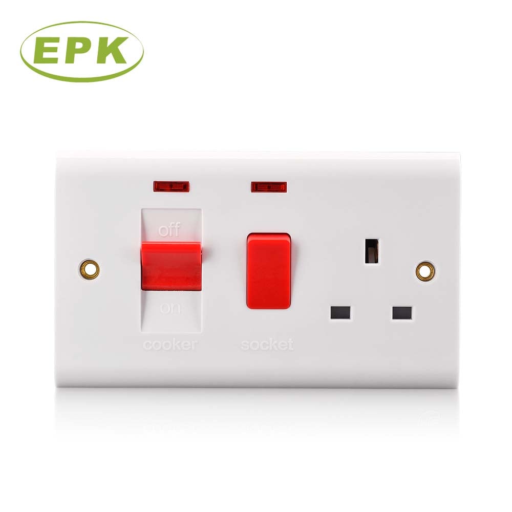 Unit Kawalan Alat Masak Premium Bakelit Putih 45A Kutub Berganda dengan Soket Beralih 13A dan Penunjuk Neon (Model 2548L) | 86mm x 146mm | 250V | Pemisah Suis Alat Masak Bersijil BS 4177 untuk Peralatan Dapur