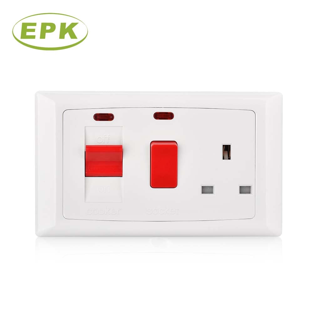 Unit Kawalan Ketuhar Siri Premium Alpha 45A dengan Soket Dihidupkan 13A dan Penunjuk Neon (Model 2648L) - Berkembar, Panel PC Putih, Sentuhan Tembaga, Mematuhi Standard BS 4177 | Suis Ketuhar Tahan Lasak Dipasang pada Dinding untuk Peralatan Dapur Berkuasa Tinggi |