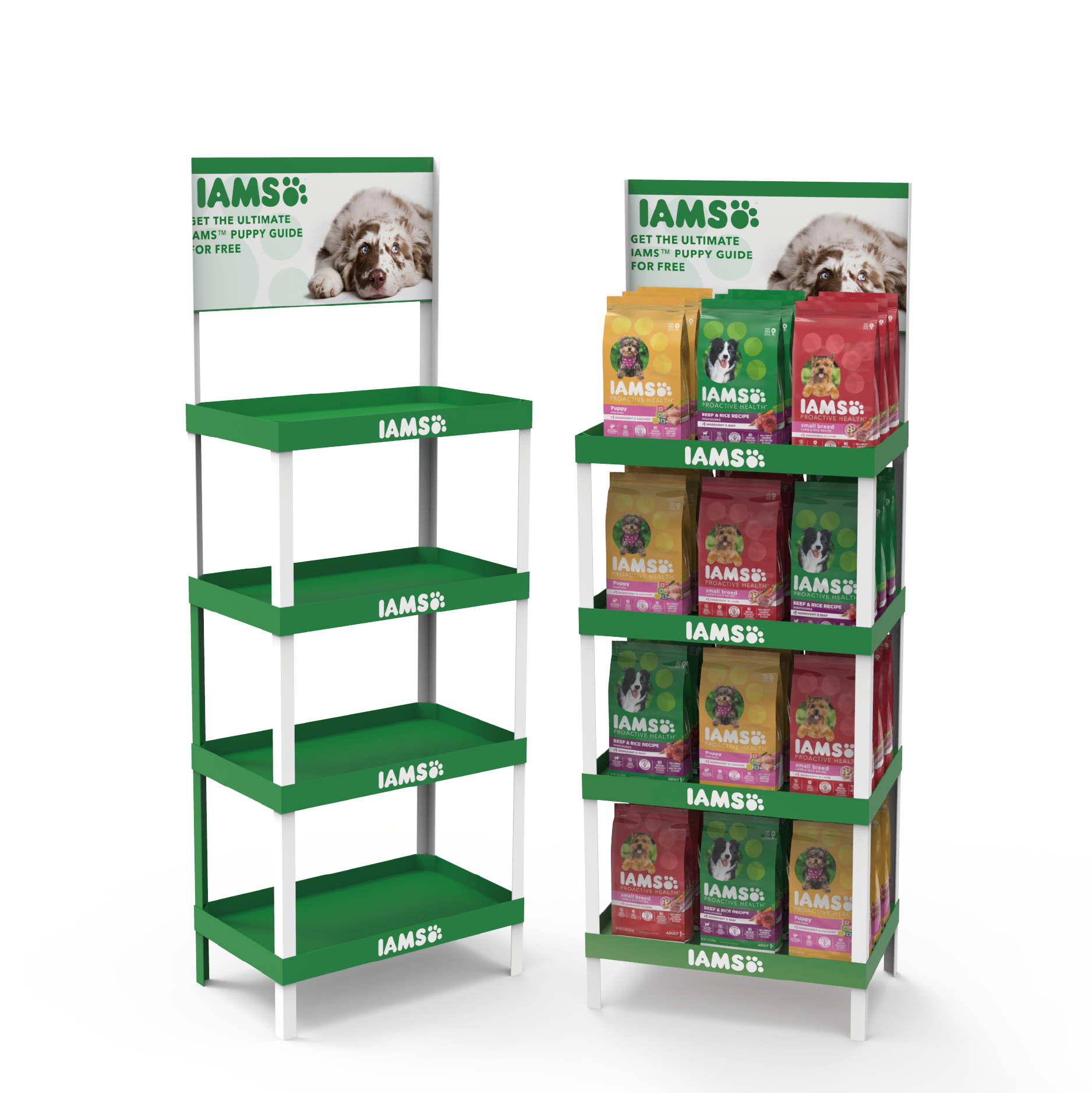 Estante de Exibição Portátil Personalizada Apache para Piso Laminado em PVC com Alimento para Cachorros em Supermercados