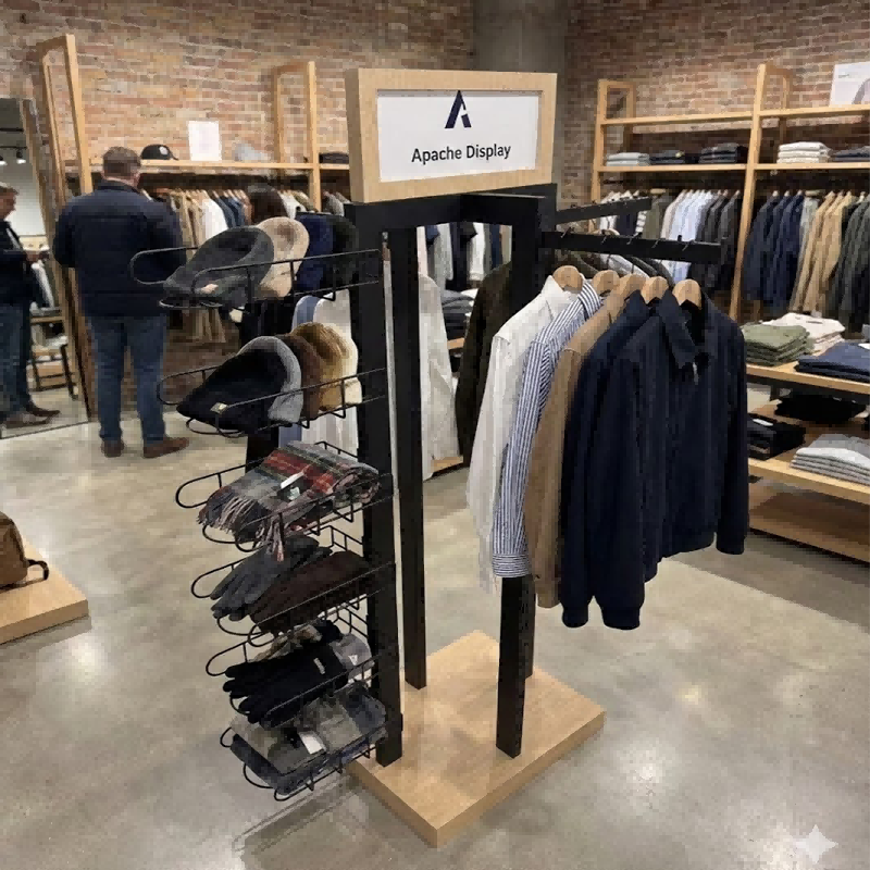 Soporte de madera personalizado Apache para ropa, estante de exhibición para camisetas y gorras