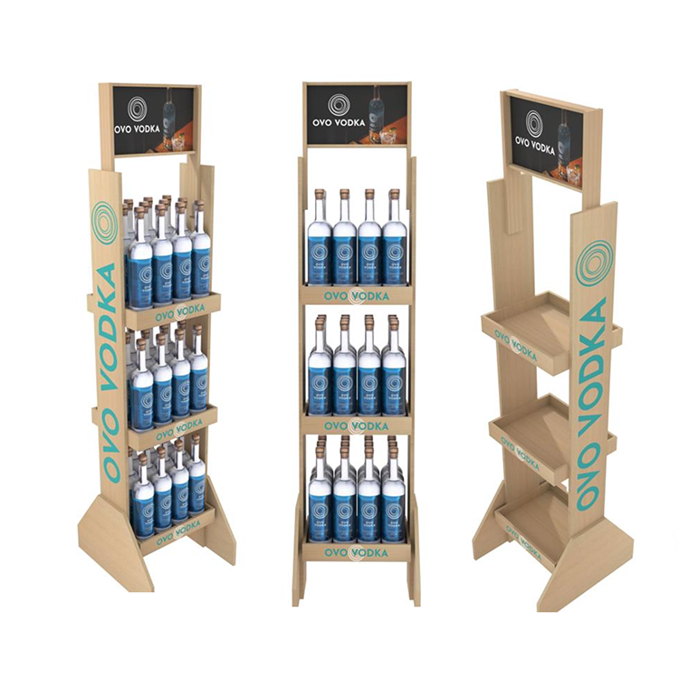 Estante de exhibición de madera plegable moderno Apache, resistente, para mostrador de botellas de whisky, ideal para exhibición en supermercado