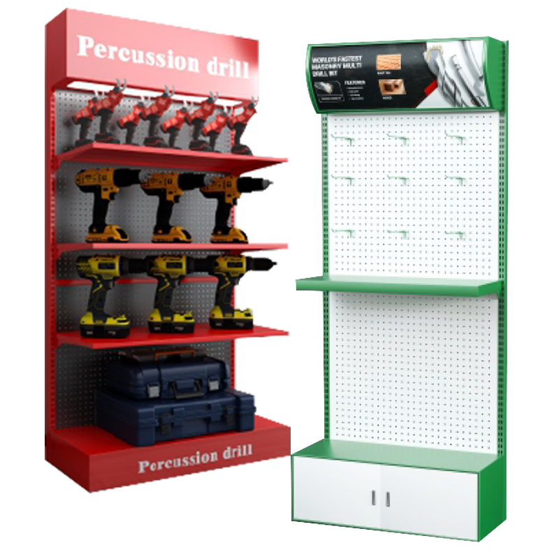 Prateleira Expositora de Ferramentas Elétricas Decorativa em Placa Metálica Orifício Personalizada Apache para Lojas e Prateleiras de Supermercado