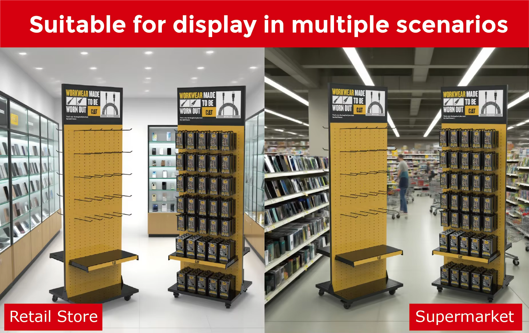Custom Light-Duty Metal Movable Roller Floor Standing Pegboard Mobile Phone Accessory Display Stand With Hooks for Store supplier