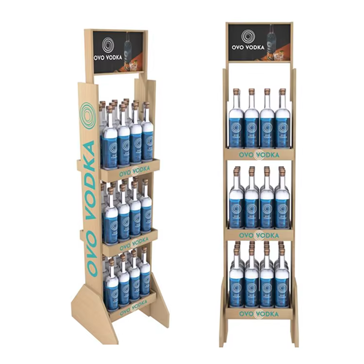 Apache Modern Foldable Wooden Display Rack Durable Whiskey Bottle Showcase for Supermarket Floor Display Stand manufacture