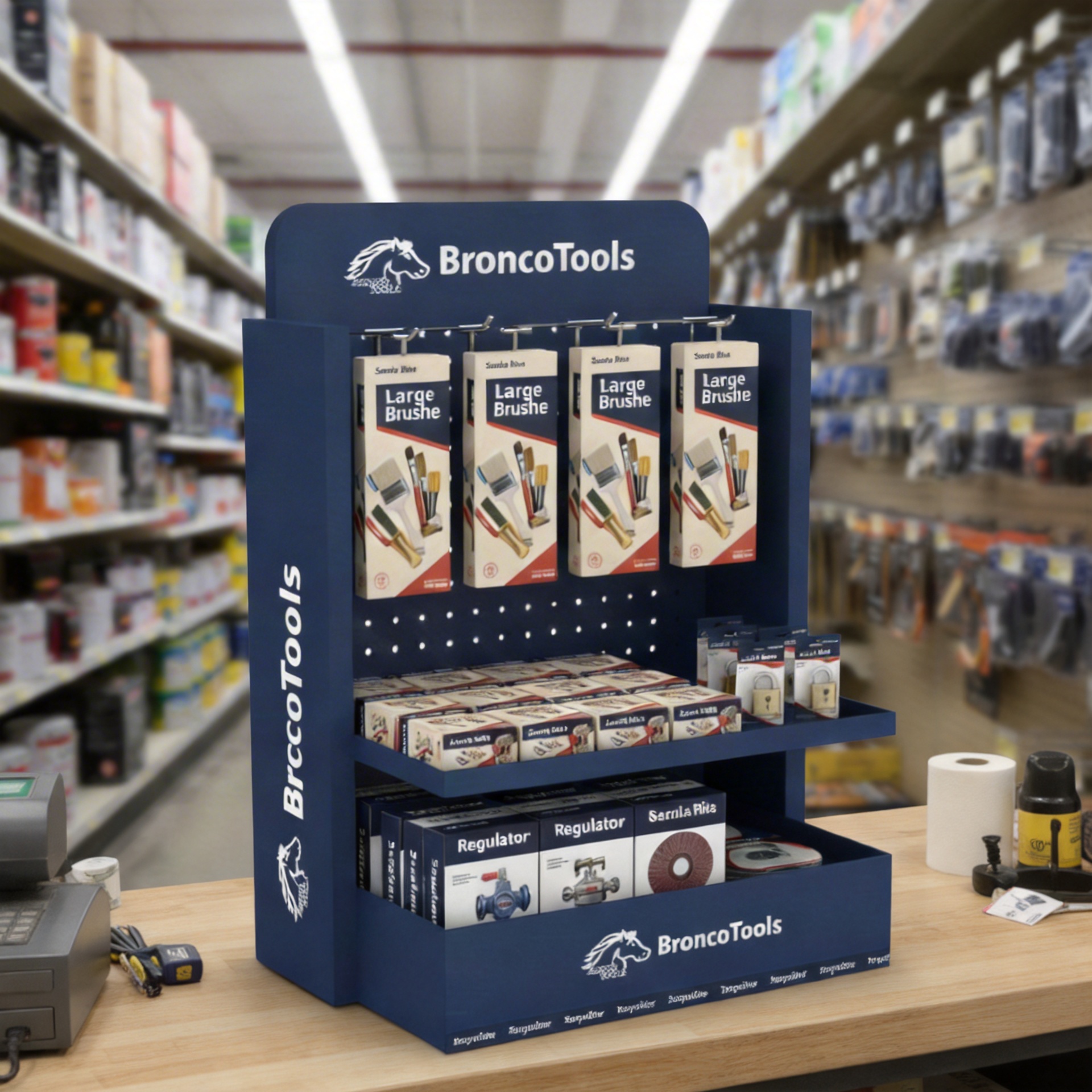 Support en bois personnalisé Apache pour comptoir, avec crochets pour outils et accessoires de quincaillerie dans les magasins de détail et les salons professionnels