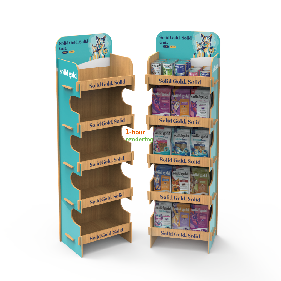 Estante de exhibición de madera contrachapada laminada personalizada de varias alturas para alimentos para mascotas en supermercados