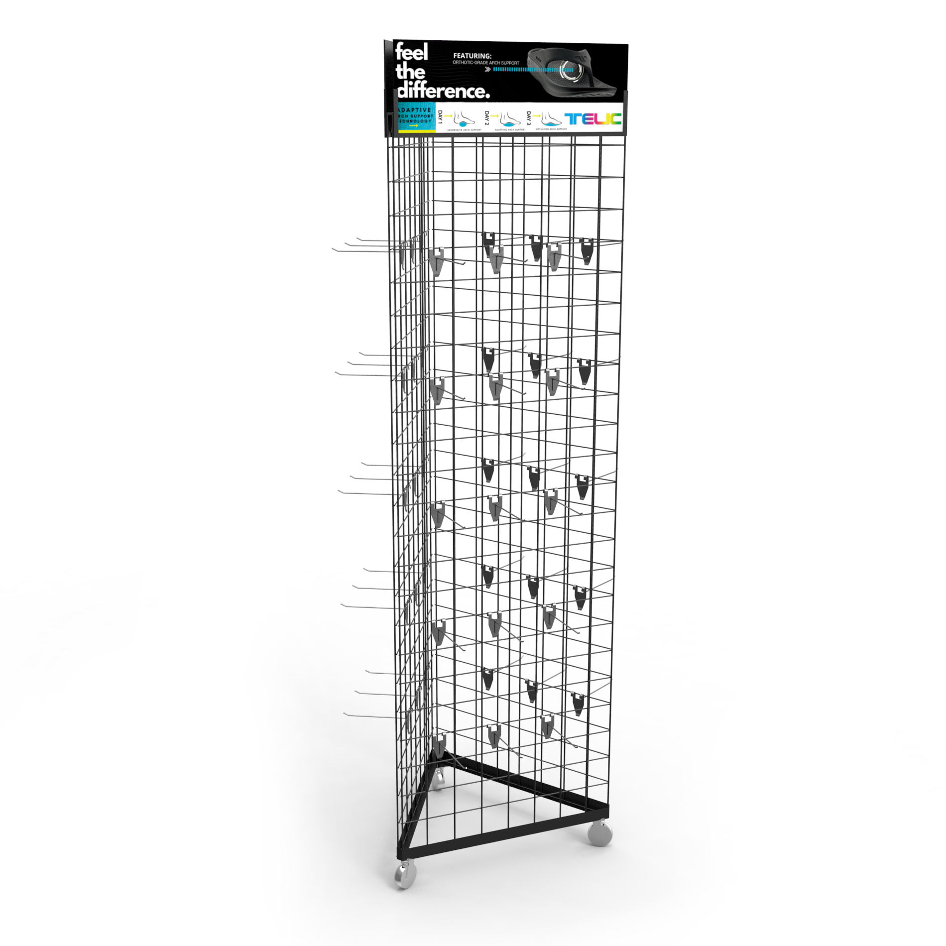 Espositore a Torre Triangolare con Segnaletica Personalizzata e Rotelle, Espositore a Griglia con Ruote