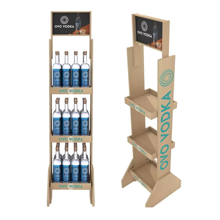 Apache Modern Foldable Wooden Display Rack Durable Whiskey Bottle Showcase for Supermarket Floor Display Stand manufacture