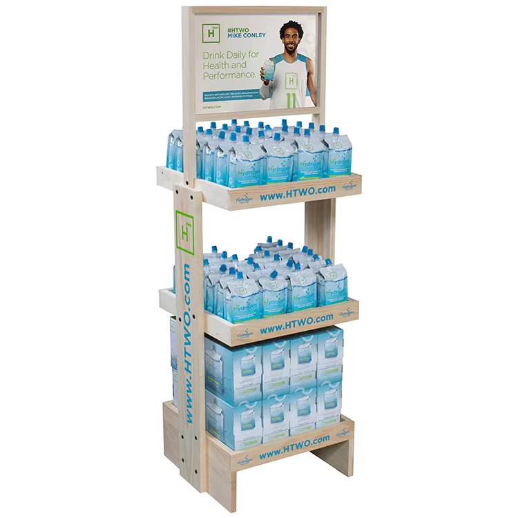 New Arrival Wood Beverage Bottle Display Rack Beer Floor Display Stand for Grocery Store