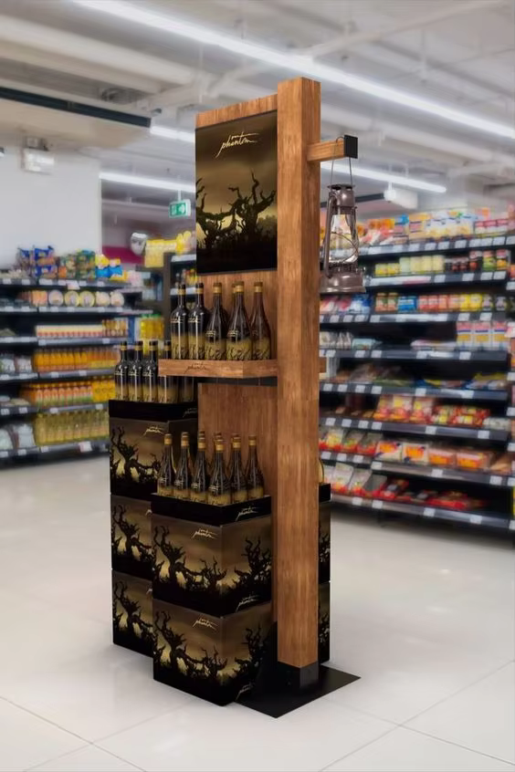 Apache Customized Floor Standing Wood Beverage Whisky Bottle Display Rack Durable with Painting Finish Grocery Wine Store supplier