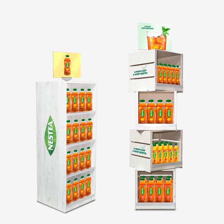 Présentoir libre-stand, empilable, personnalisé pour supermarché, présentoir à bouteilles de jus pour jus d'orange
